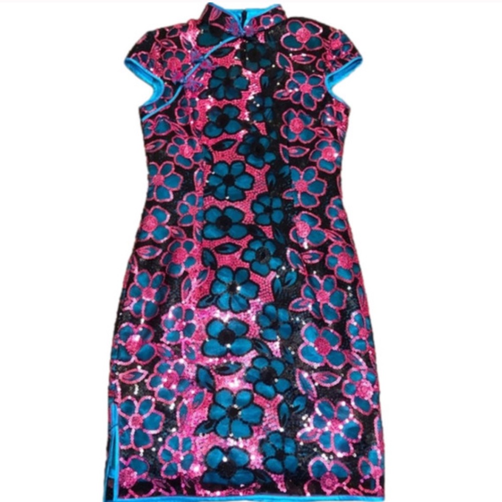 Vintage sequined cheongsam qipao dress floral print metallic sparkly